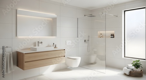 Wallpaper Mural A modern bathroom with white tiles a wood vanity a toilet and a glass shower enclosure near a window Torontodigital.ca