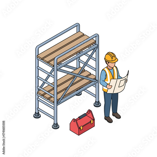 Isometric illustration of a construction worker in a hard hat and safety vest reviewing blueprints next to scaffolding and a toolbox.