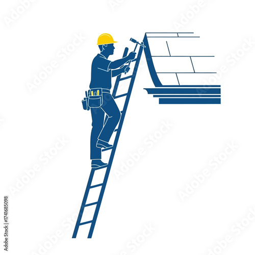 A silhouette illustration of a roofer on a ladder repairing a house roof with a hammer.