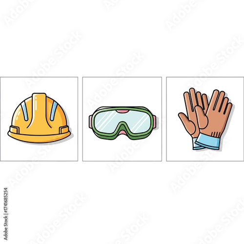 Safety gear icons: hard hat, goggles, and gloves for protection.