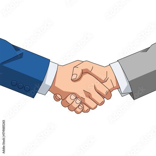 A close-up illustration of two businessmen in suits shaking hands, symbolizing an agreement or partnership.