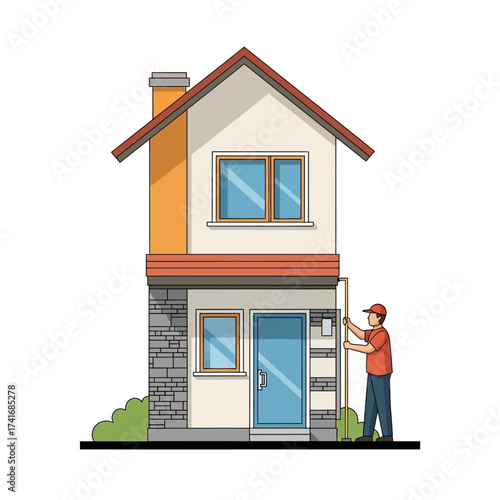 A man in an orange shirt and red cap installs a downspout on the side of a two-story house.