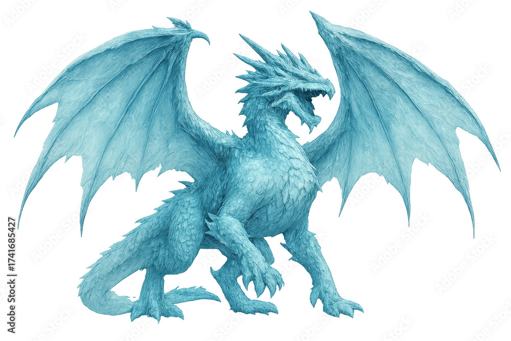 Fototapeta premium Ice dragon creature spreading wings on transparent background