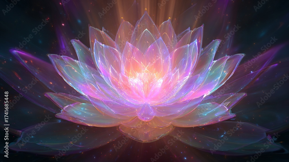 Fototapeta premium An ethereal, radiant lotus flower blossoms with layered translucent petals, glowing with soft pinks and purples