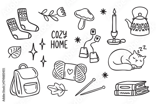Cozy autumn doodle set with socks, mushroom and candle, teabag and yarn, needles, book, cat, teapot, backpack, line art monochrome hand drawn outline
