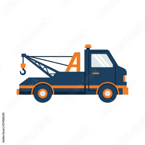 A blue and orange tow truck with a crane and hook, depicted in a flat vector illustration style against a white background.