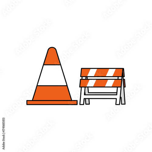 An illustration featuring a traffic cone and a barricade, commonly used for road work and safety.