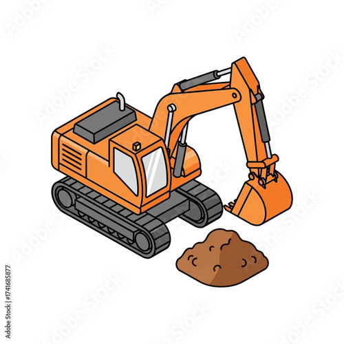 An isometric illustration of an orange excavator digging a pile of dirt on a white background.