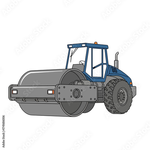Illustration of a blue and grey road roller, used for compacting surfaces during construction.