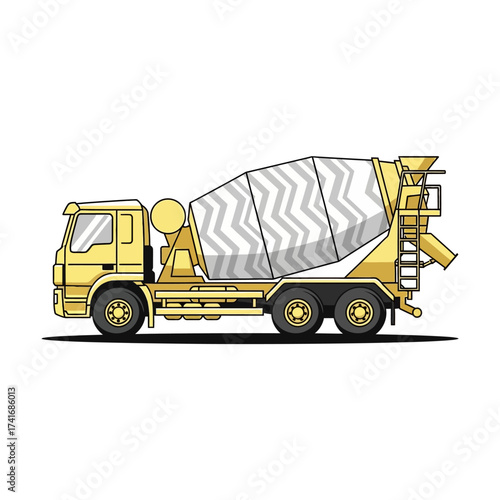 A yellow cement mixer truck with a grey and white patterned drum, depicted in a side-view vector illustration.