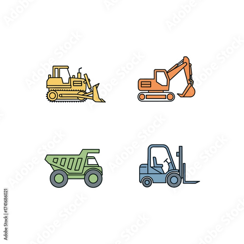 A collection of four colorful, flat-design construction vehicles including a bulldozer, excavator, dump truck, and forklift.