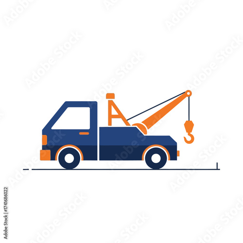 A flat design illustration of a blue and orange tow truck with a crane and hook, ready for roadside assistance.