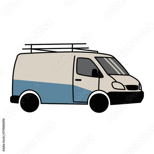 Illustration of a two-tone van with a roof rack on a white background.