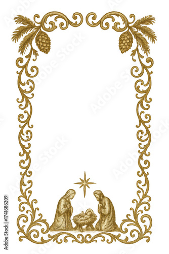Vertical ornate Christmas nativity frame PNG with transparent background, golden baroque style with pine cones and Holy Family scene. Illustration by Generative AI.