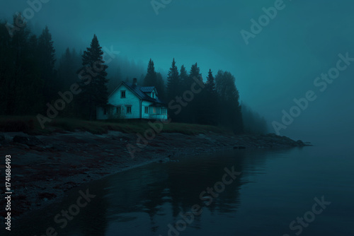 Eerie wooden house on a foggy lake shore at twilight