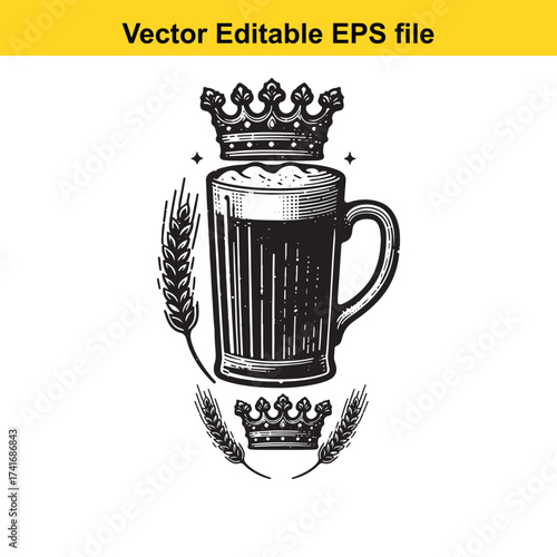 Vector art of beer mug with wheat and crowns