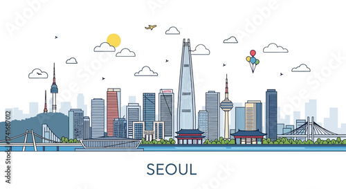 Seoul Cityscape Illustration Dynamic Urban Skyline Featuring Historic Landmarks and Modern Architecture in Flat Line Art Style