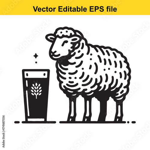 Vector art of a sheep and a glass of beer in black and white