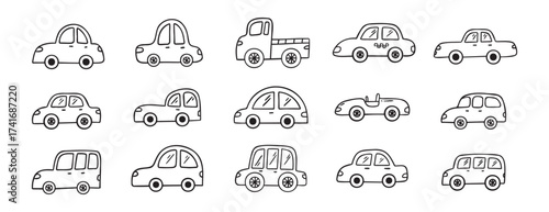 Car doodle hand drawn line icon set. Car drawing outline clipart