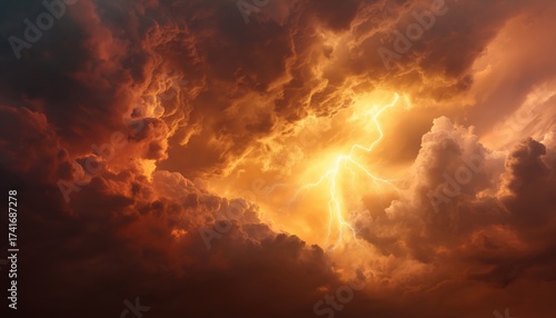 Gloomy Dramatic Skies With Dark Red, Yellow, And Orange Colors, Stormy Clouds, Lightning, Fire, And An Explosion In A Horrifying, Scary, And Creepy Sky.