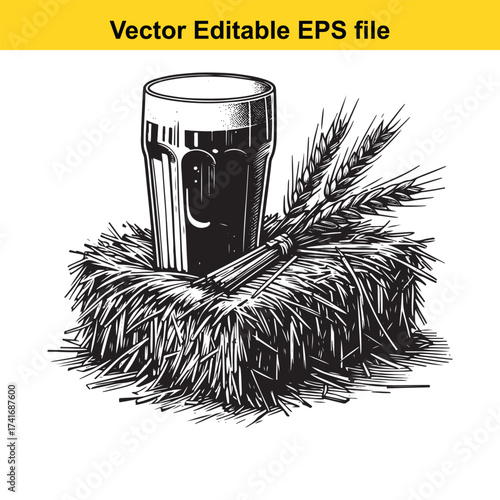 Vector art of glass of dark beer on hay bale with wheat ears, isolated on white