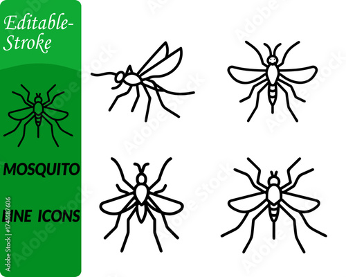 Mosquito icon character, designed with a minimal vector outline showing its distinct long legs wings and pointed proboscis.Styled in a clean.Design with simple geometric lines for clarity recognition.