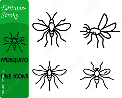 Mosquito icon character, designed with a minimal vector outline showing its distinct long legs wings and pointed proboscis.Styled in a clean.Design with simple geometric lines for clarity recognition.