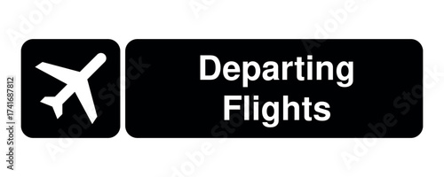 Departing Flights pictogram with ascending airplane symbol with explanatioon – minimal signage icon for airport terminals, transport hubs, and civic UI systems – High-Quality Vectorial Stock Image