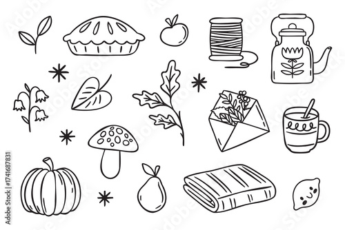 Autumn line art set with pie, blanket, apple, hand drawn outline
