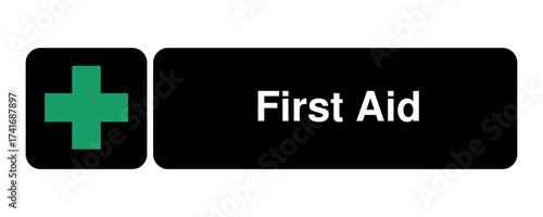 First Aid pictogram with green cross symbol with explanation – minimal signage icon for medical zones, emergency stations, and civic UI systems – High-Quality Vectorial Stock Image