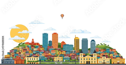 Colorful abstract city skyline illustration on a green hill with modern skyscrapers and traditional buildings under a sunny sky