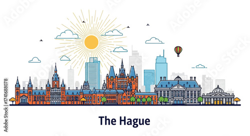 The Hague Cityscape Illustration with Prominent Buildings and Skyline