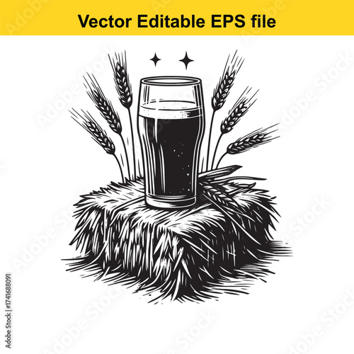 Vector art of glass of dark beer on hay with wheat ears