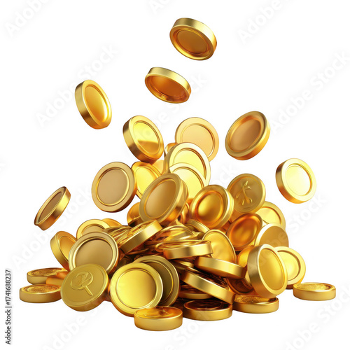 Golden coins falling heap pile 3d render digital marketing finance wealth fortune investment money success