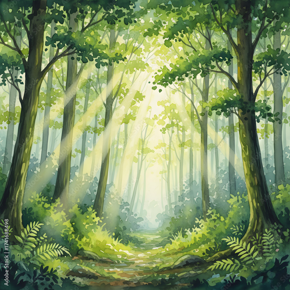 Obraz premium Sunbeams shining through a dense green forest canopy