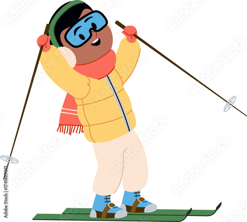 Joyful Skier Kid with Raised Poles