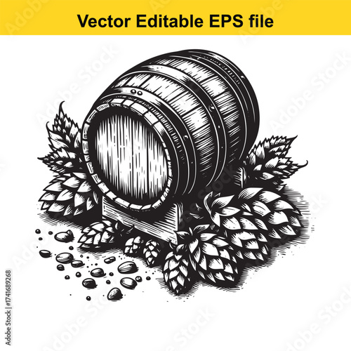 Vector art of wooden barrel with hops and stones