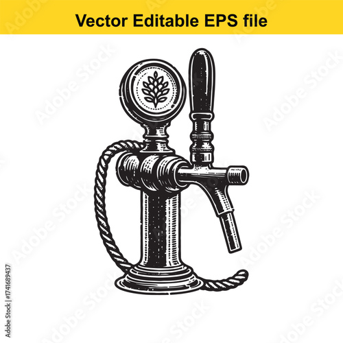 Vector art of vintage beer tap with gauge and rope