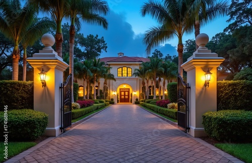 Opulent mansion entrance with grand driveway, ornate gates, and lush palm trees. Elegant estate features illuminated pathway leading to large mansion exterior. Exclusive luxury residence.