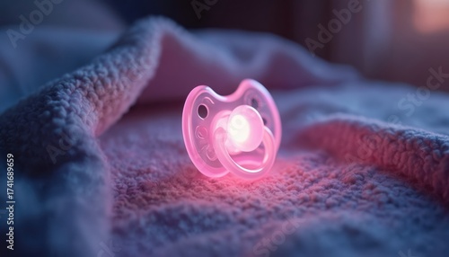 Pink glowing baby pacifier rests on soft textured blue blanket. Dummy soother shines warm light in dim nursery room. Helps infants sleep comfortably, provides gentle comfort at night for little ones,