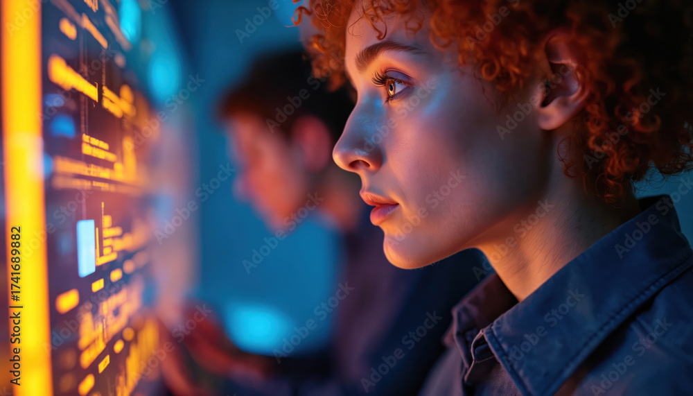Fototapeta premium Woman examines data on screen with orange light. Female tech engineer analyses digital interface. Team reviews futuristic hud display. Engineers work on innovative tech solution in workspace.