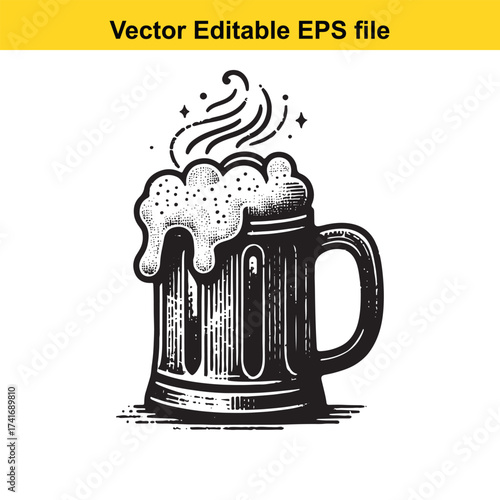 Vector art of frothy beer mug with swirling steam