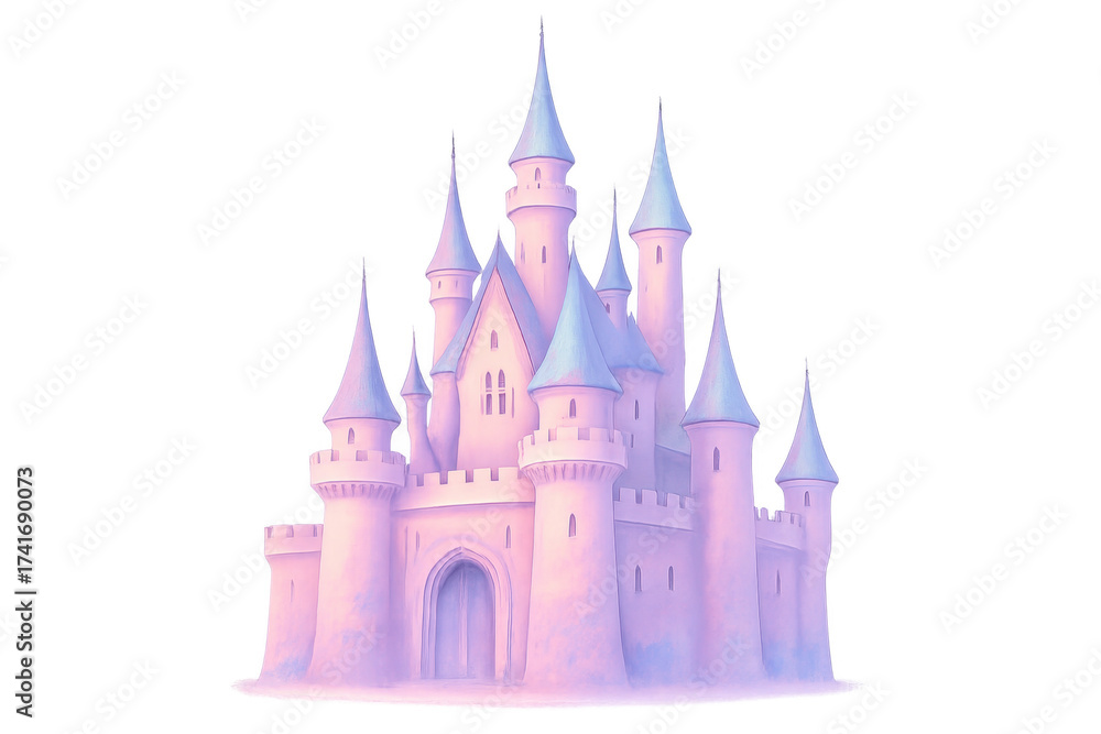 Obraz premium Pink fairytale castle with towers on transparent background