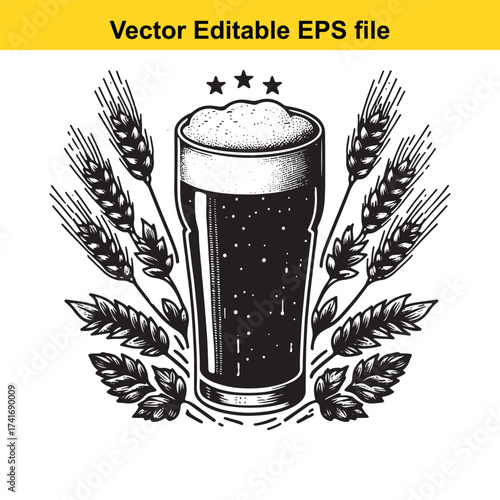 Vector art of vintage beer glass with wheat ears