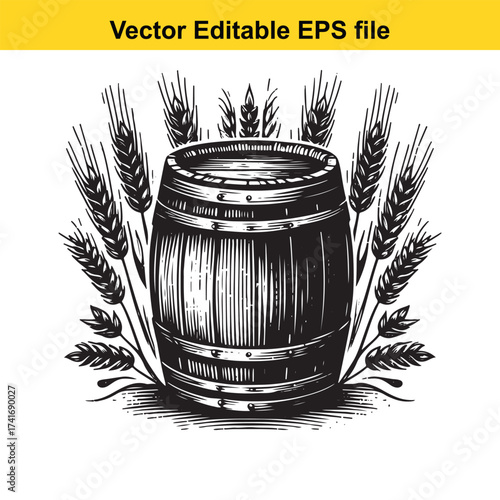 Vector art of wooden beer barrel with wheat ears
