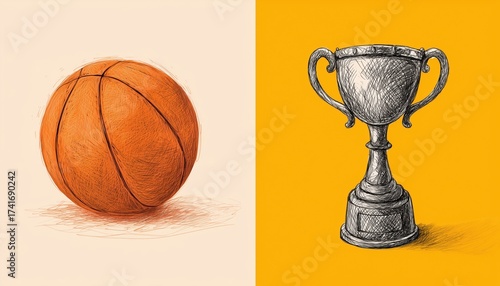Wallpaper Mural Hand-Drawn Sketch Of Basketball Doodle Elements: Basket Sport Ball And Winner Cup. Torontodigital.ca