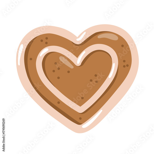 Cute cartoon gingerbread cookie in heart shape. Hand drawn vector isolated illustration.