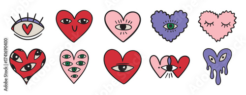 funny groovy heart character with eyes. Colorful cartoon creative trendy illustration doodle hand drawn icon hearts with eyes set.