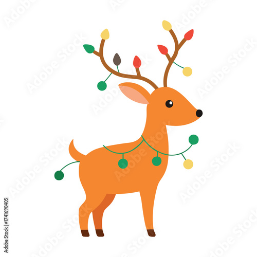 Adorable cartoon reindeer decorated with festive christmas lights