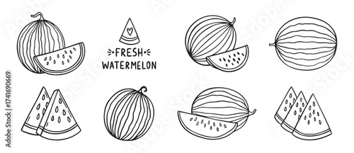 watermelon and watermelon slices summer doodle hand drawn icon set. Outline drawing watermelon line clipart symbol collection
